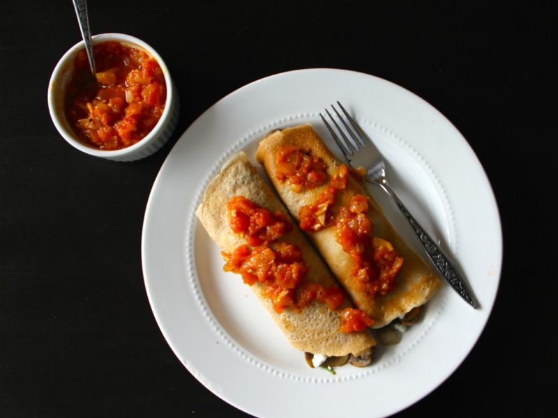 Spinach & Mushroom Crepes with Balsamic Tomato Jam